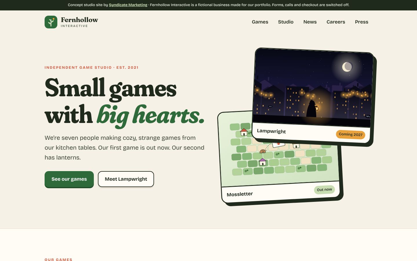 Fernhollow Interactive concept website on desktop