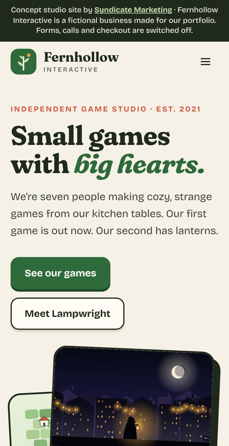 Fernhollow Interactive concept website on a phone