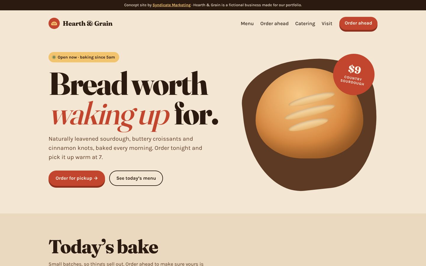 Hearth & Grain concept website on desktop