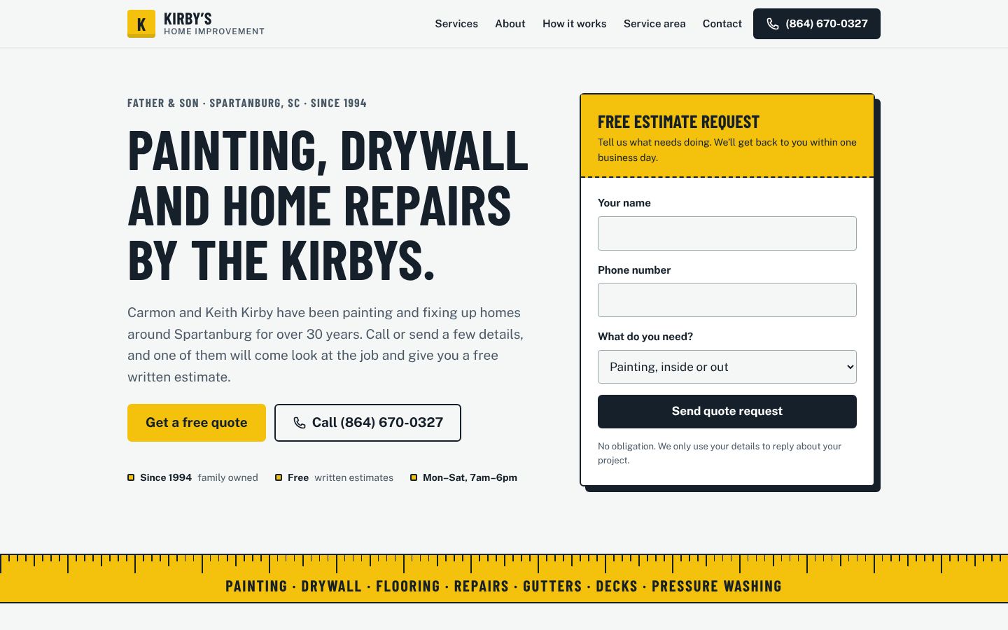 Kirby’s Home Improvement website on desktop