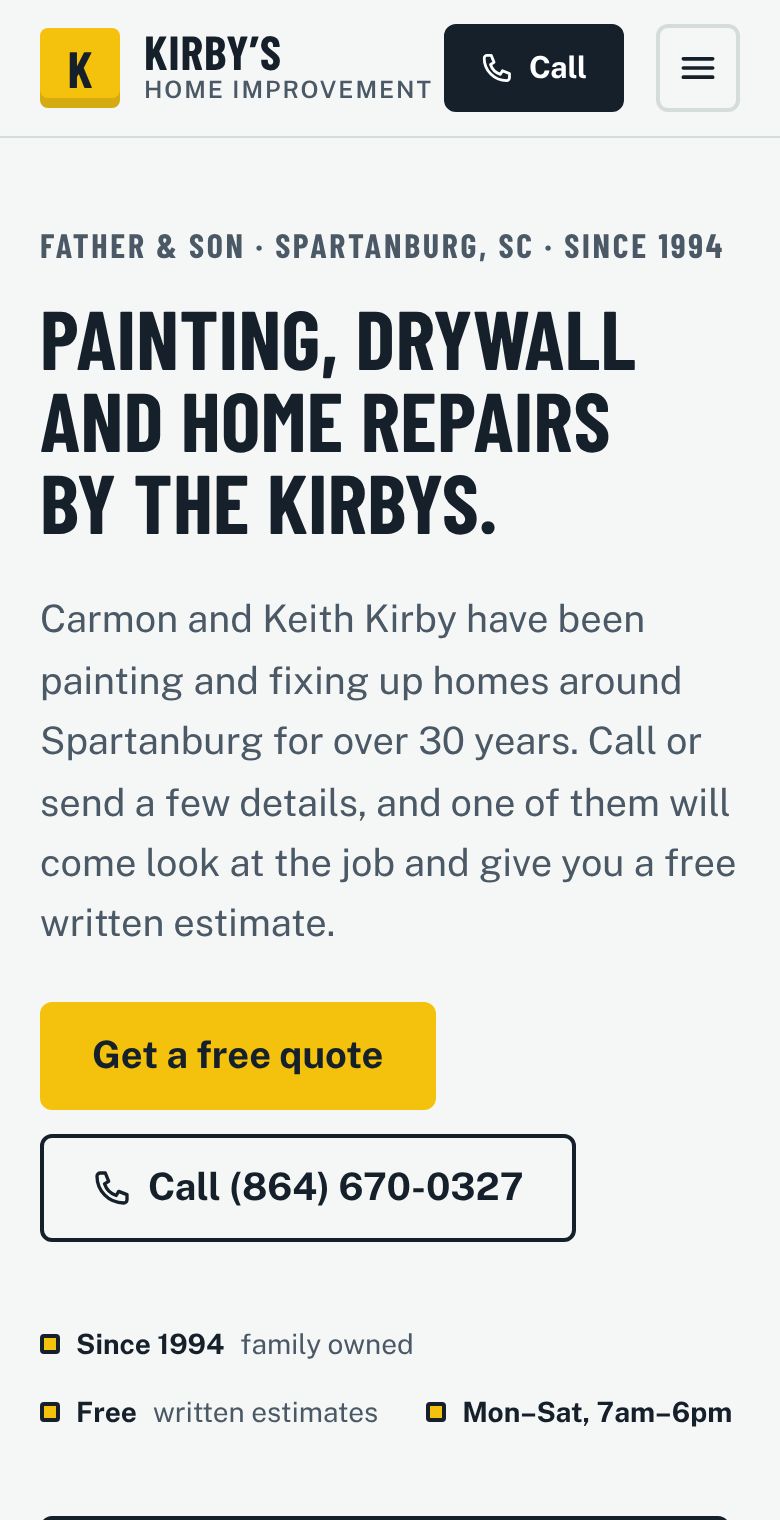 Kirby’s Home Improvement website on a phone