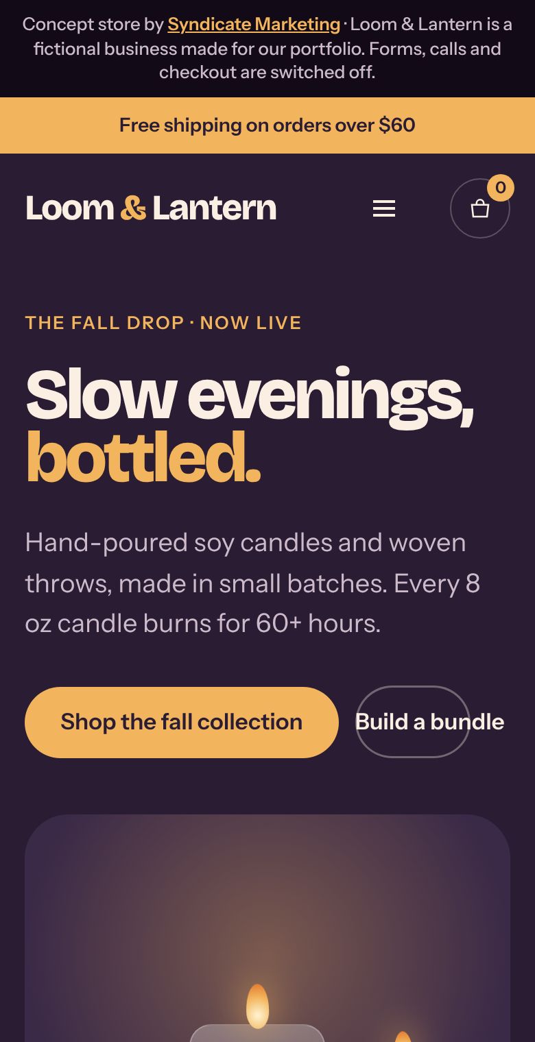 Loom & Lantern concept website on a phone