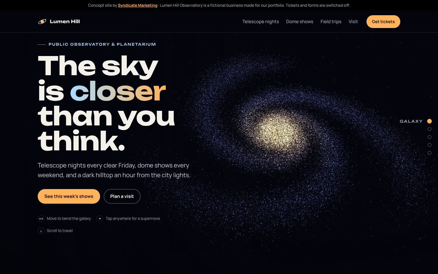 Lumen Hill Observatory concept website on desktop
