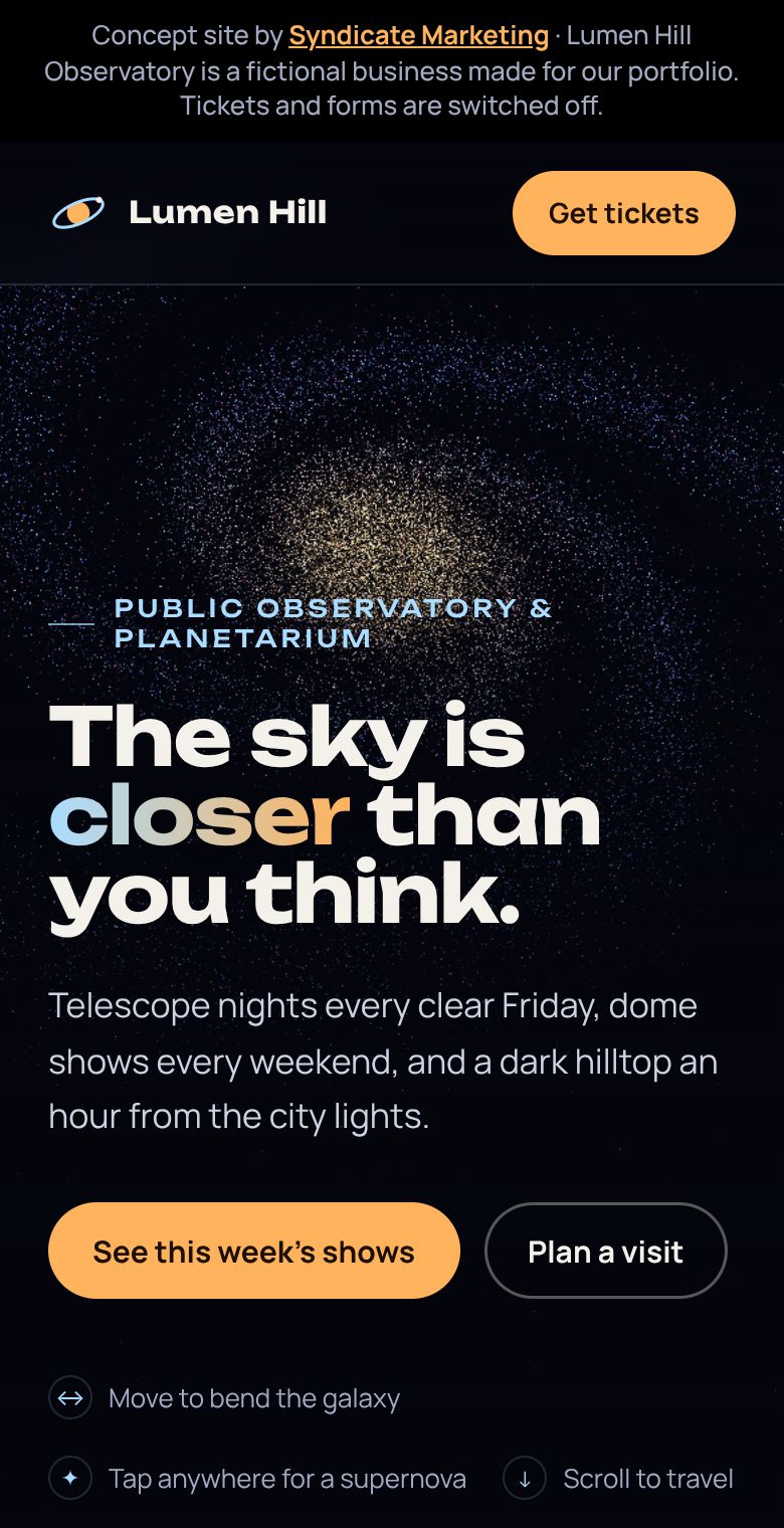 Lumen Hill Observatory concept website on a phone