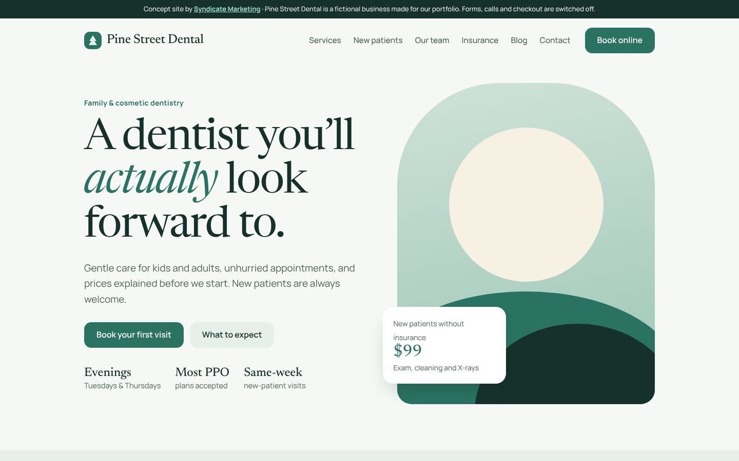 Pine Street Dental concept website on desktop