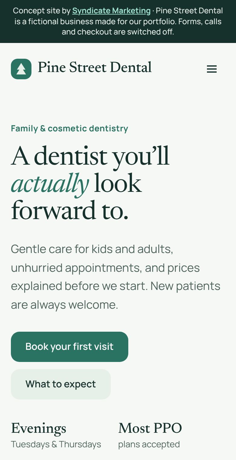 Pine Street Dental concept website on a phone