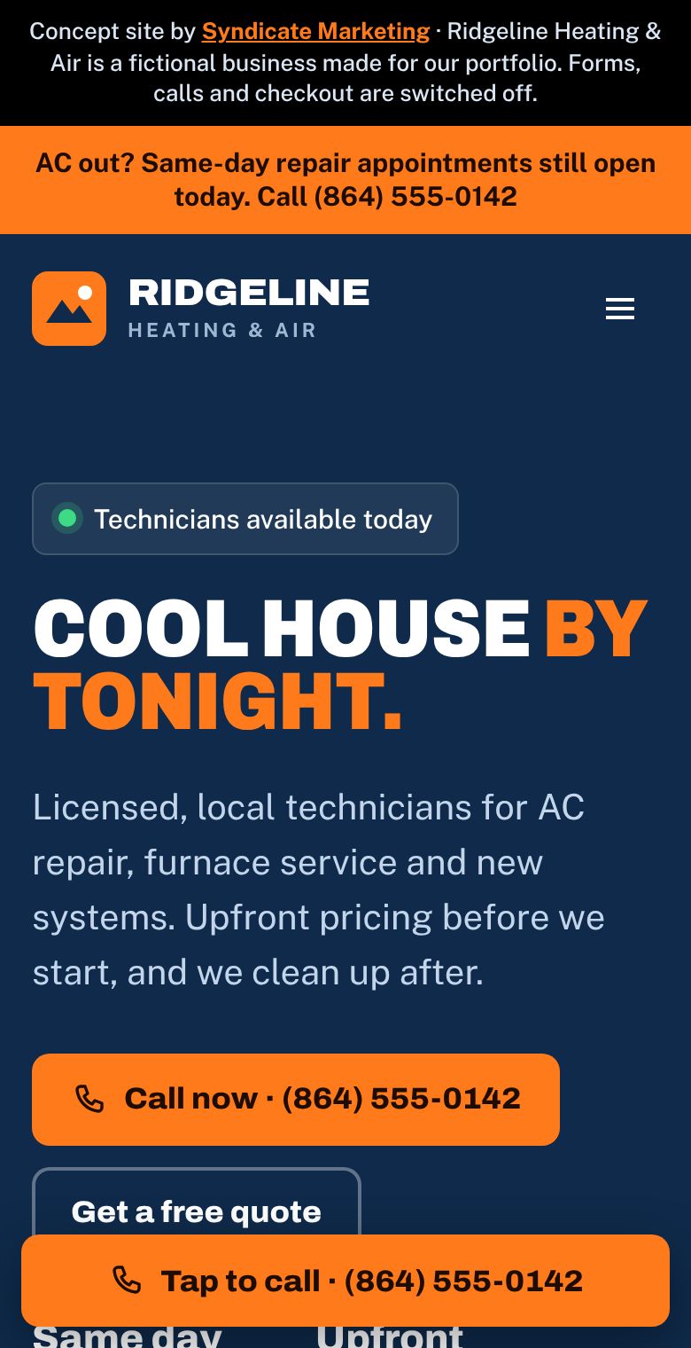 Ridgeline Heating & Air concept website on a phone